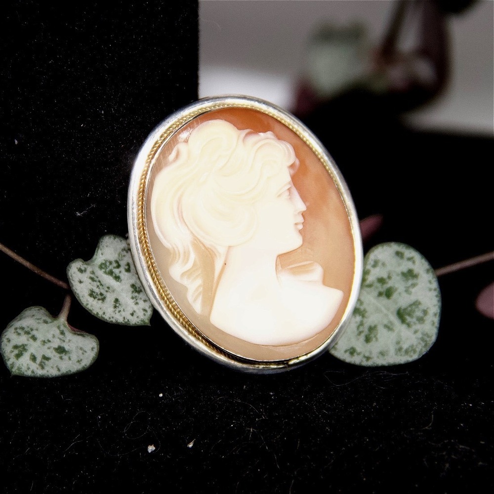 Vintage 800‎ Silver Shell Cameo Brooch Pendant Hand Carved Italian Portrait Pin - Picture 3 of 7